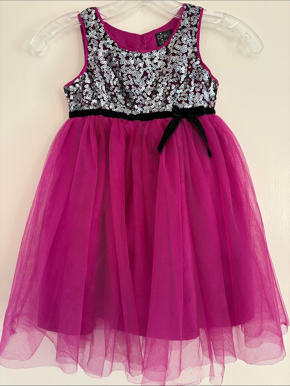 PINK & VIOLET Tulle & Sequins Party Dress with Black Velvet Bow Size 5